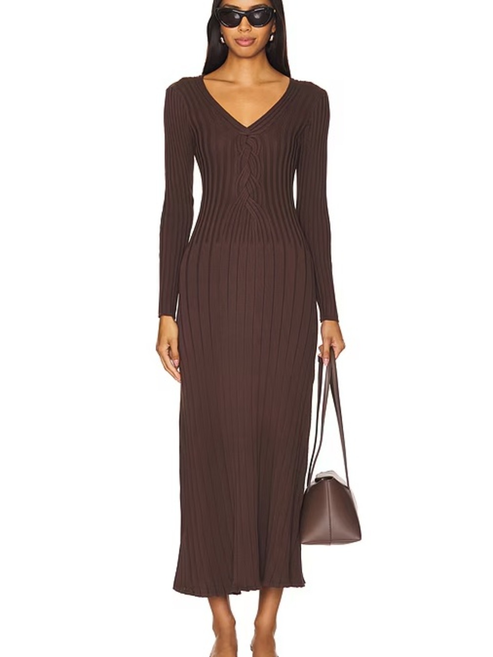 Revolve Sovere Long Sleeve V-Neck Ribbed Midi Dress in Brown